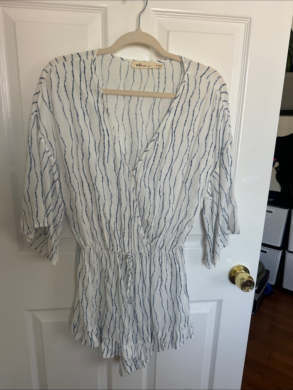 Madden Girl White Romper with Blue Pinstripe